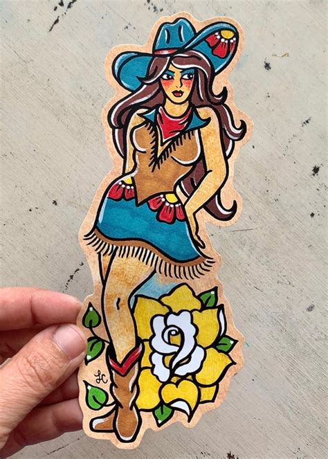 Traditional Tattoo Cowgirl Pinup Sticker Texas Vinyl Sticker Etsy