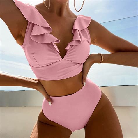 Swim Suits For Women 2024 Sexy Solid V Neck Ruffle Bikini Solid Color