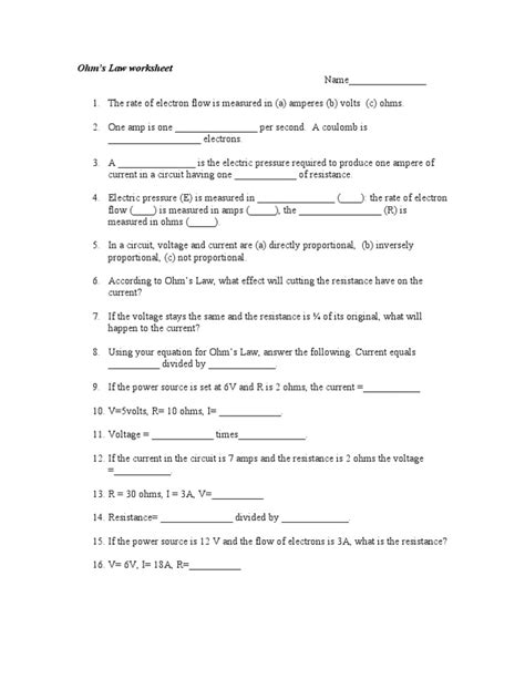 Ohm S Law Worksheet 1