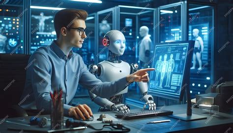 human engineer   humanoid robot working    computer