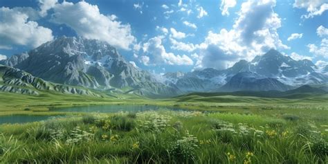 Premium Photo Alpine Meadow With Lake And Snow Capped Mountains In