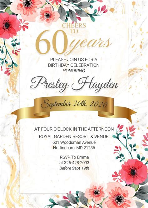 Floral 60th Birthday Invitation Templates Editable With Ms Word 60th Birthday Invitations