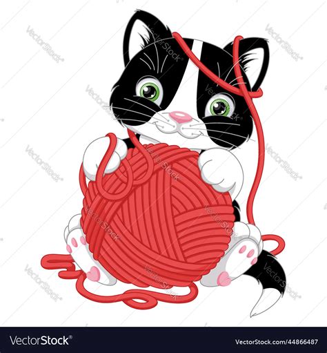 Kitten Playing With Ball Of Yarn Cartoon Vector Image