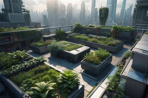 Premium Photo A Cyberpunk Rooftop Garden With Greenery And Hightech