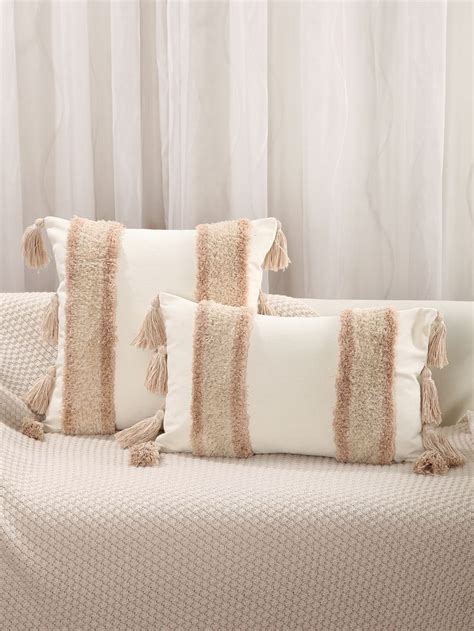 1pc Tufted Tassel Decor Cushion Cover Without Filler Beige Sofa