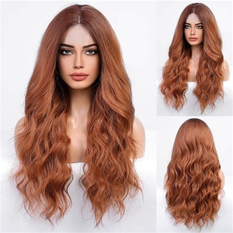 Haircube Auburn Wavy Wig For Women Lace Front Wigs With Highlight Middle Part Curly