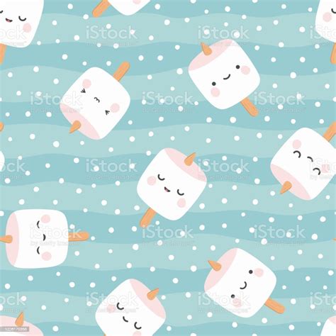 Marshmallow Cute Face Character Seamless Pattern Stock Illustration