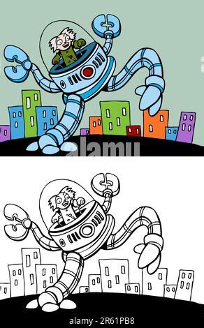 Schwarz Weiß Cartoon Illustration von Roboter oder Droiden Comic