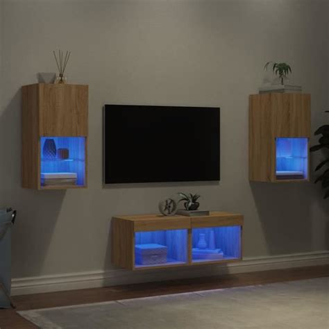 Meuble TV muraux 4 pcs avec lumières LED chêne sonoma Qqmora xY2522