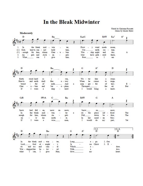 In The Bleak Midwinter E Flat Instrument Sheet Music Lead Sheet With Chords And Lyrics