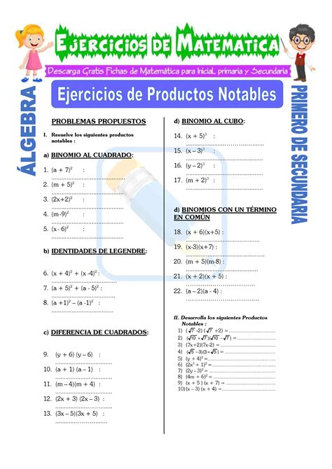 Ejercicios De Productos Notables Para Primero De Secundaria PROBLEMAS