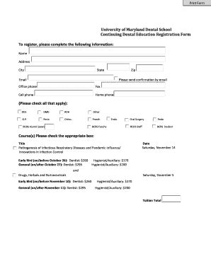 Fillable Online Dental Umaryland Registration Form University Of