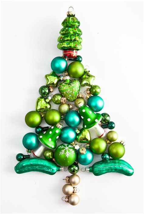 Green Christmas Ornaments In A Tree Shape Stock Image Image Of