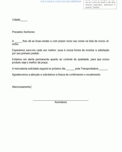 Modelo De Carta De Agradecimento E Boas Vindas A Cliente Novo E