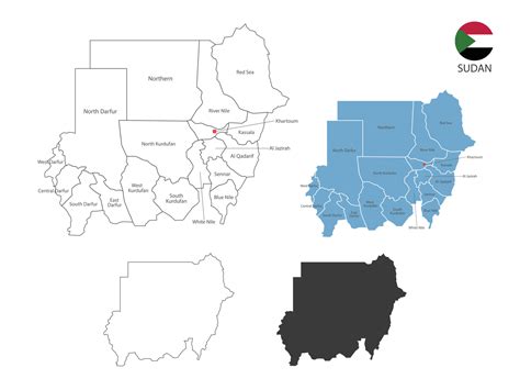 4 style of Sudan map vector illustration have all province and mark the ...