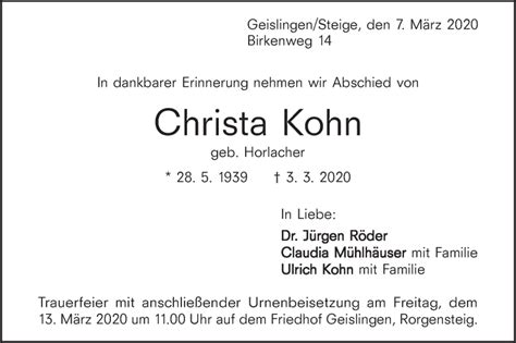 Traueranzeigen Von Christa Kohn S Dwest Presse Trauer