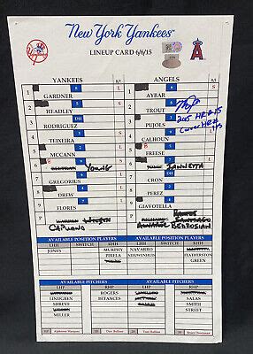 Mike Trout Game Used Signed Angels Yankees Lineup Card Mlb Holo