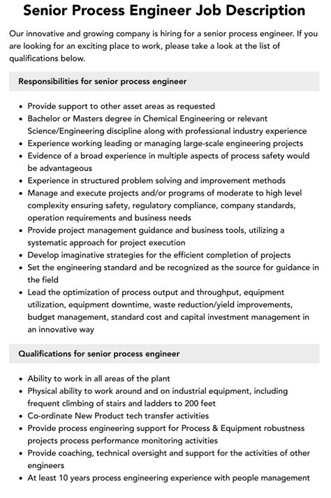 Senior Process Engineer Job Description Velvet Jobs