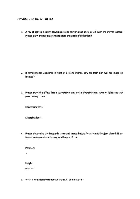 Tutorial 17 Optics Questions1 Physics Tutorial 17 Optics A Ray