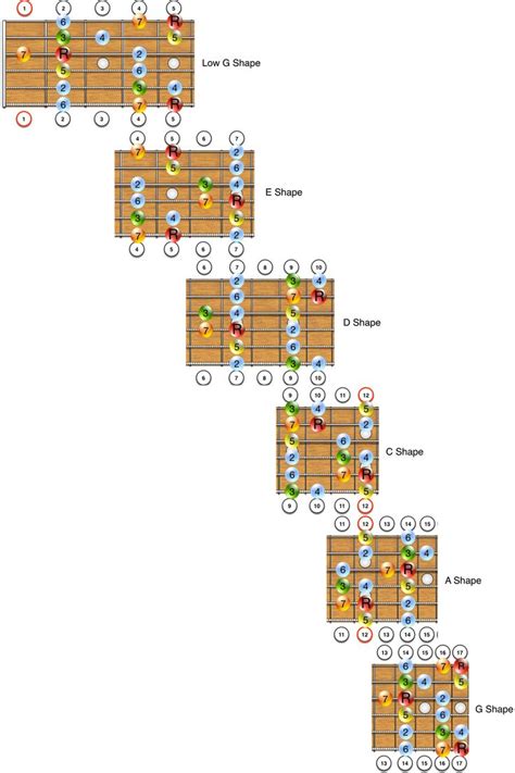 Detailed Fretboard Diagram Showing All CAGED Shapes Of A Major Scale