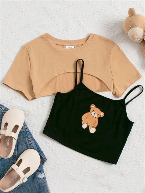 Shein Chica Preadolescente Con Estampado De Oso Top De Tirantes Bajo