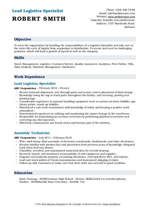 Logistics Specialist Resume Samples Qwikresume