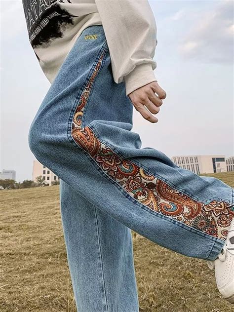 Emmiol Free Shipping Men S Vintage Paisley Patchwork Loose Jeans