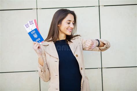 Travel Woman Holding Two Air Ticket In Abroad Passport Near Airport Stock Image Image Of