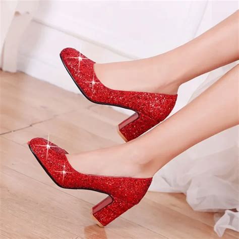 Fashion Glitter Women High Heels Comfortable Party Shoes Women Pumps Red Shoes Dress Thick Heel