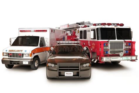 First Responder Vehicles Ambulance Police And Fire Truck On A White