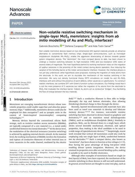 PDF Non Volatile Resistive Switching Mechanism In Single Layer MoS 2