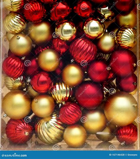 Box Full Of Red And Gold Christmas Tree Ornaments Stock Photo Image