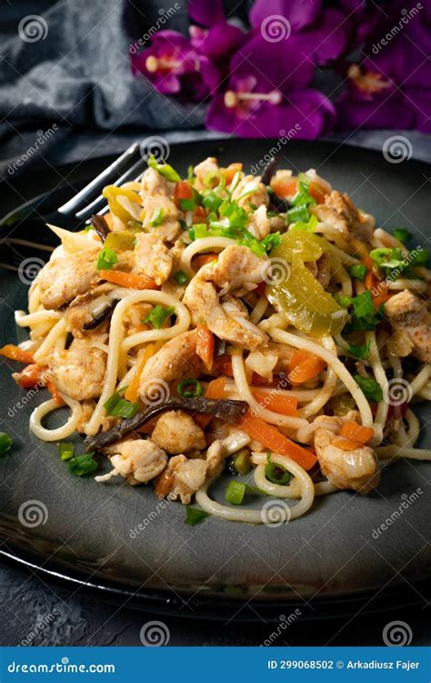 Fried Noodles with Chicken and Vegetables Stock Photo - Image of onion ...