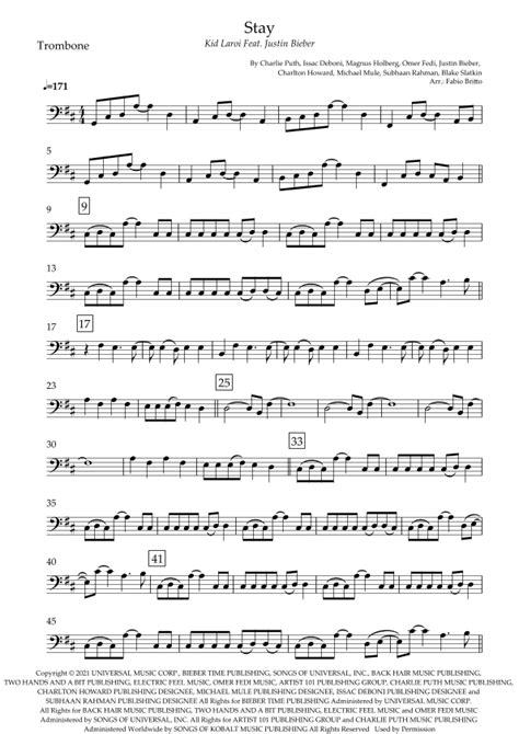 Stay Arr Fabio Britto By Kid Laroi Feat Justin Bieber Sheet Music