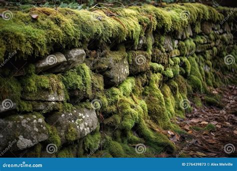 Old Dry Stone Wall Covered In Green Moss And Lichen Stock Illustration