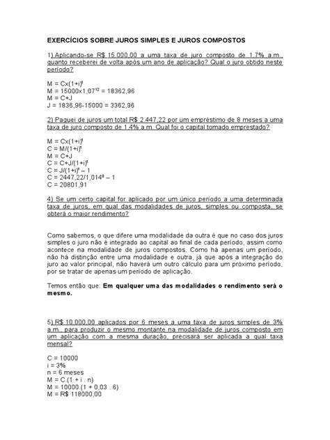 Exercícios Juros Simples E Compostos