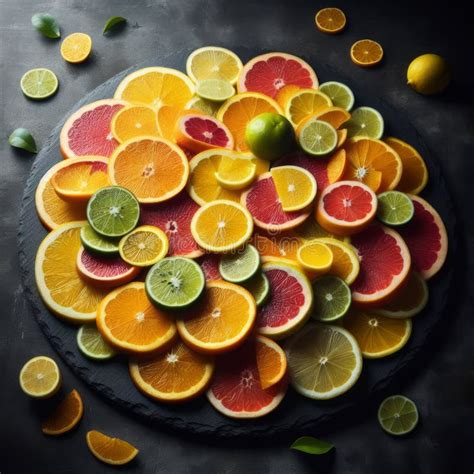 Sliced Citrus Fruit Presented On Slate Plate Against Dark Neutral