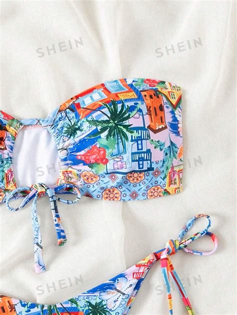 SHEIN Swim Vcay Coconut Tree Printed Bandeau Bikini Set With Separate