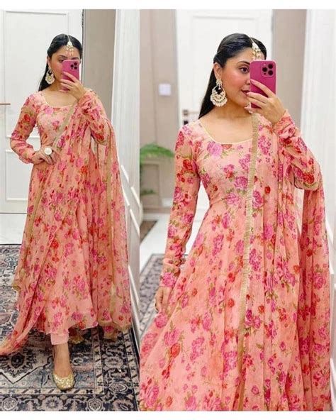 Reeta Fashion Elegant Peach Faux Georgette Floral Print Gown Set