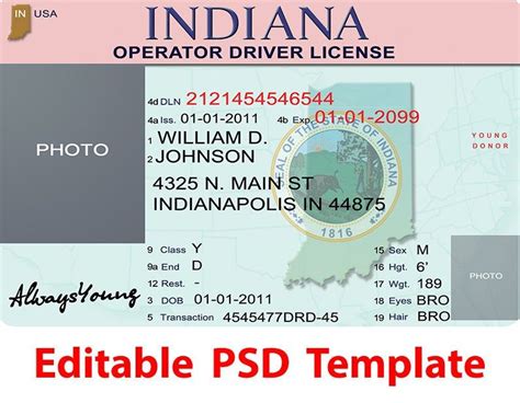 Indiana Driver License Psd Template Editable Digital Template Photoshop File