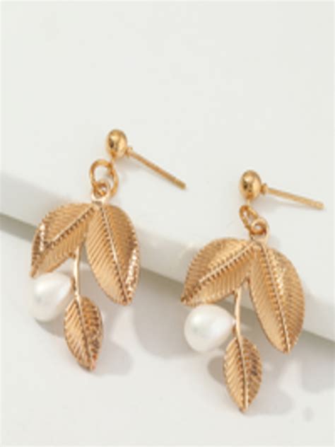 Buy Urbanic Gold Toned Off White Beaded Leaf Shaped Drop Earrings