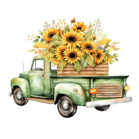 Watercolor Green Retro Truck With Sunflowers Happy Fall Thanksgiving