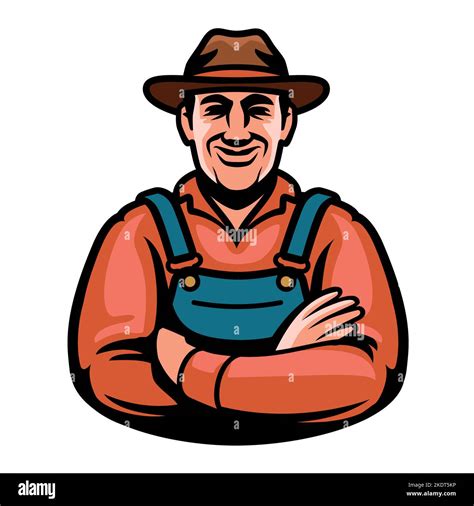 Happy Farmer In Hat And Overalls Emblem Or Logo Farm Worker Symbol