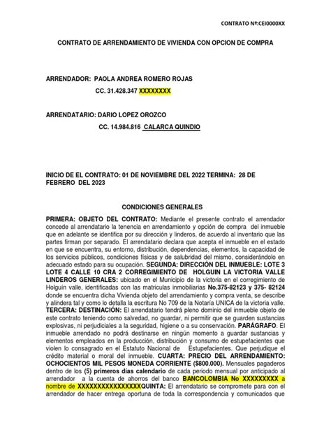 Borrador Contrato De Arrendamiento Con Opcion De Compra Pdf Derecho