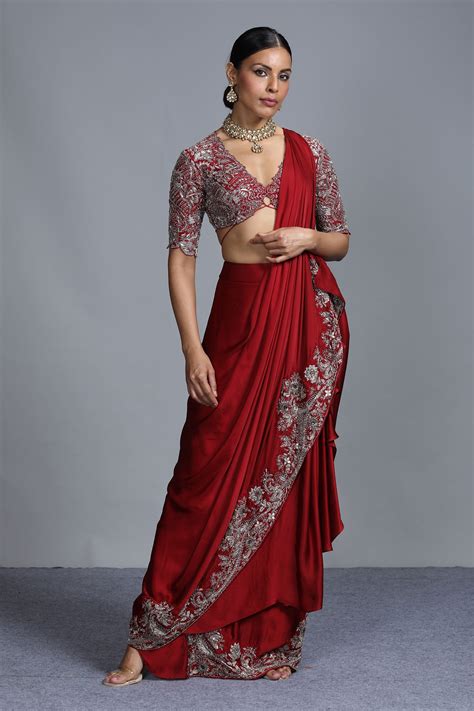 Buy Jayanti Reddy Maroon Silk Pre Pleated Saree With Blouse Online