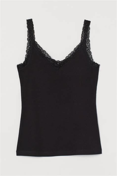 Lace Trimmed Tank Top V Neck Sleeveless Black Ladies Handm Us