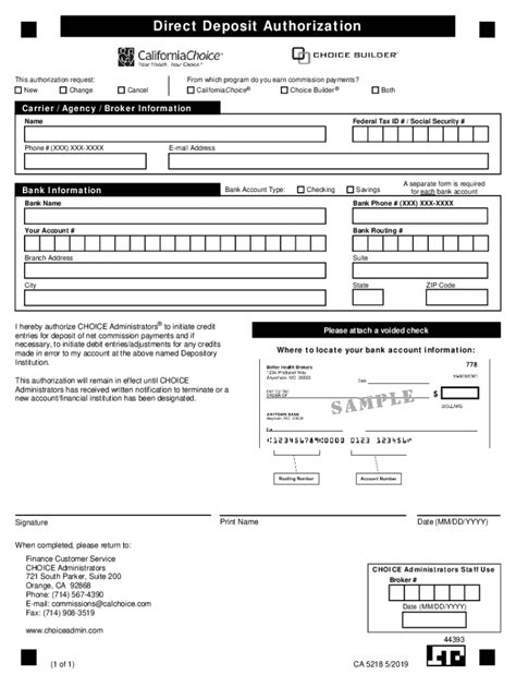 Fillable Online Broker Commission Direct Deposit Authorization Form Fax