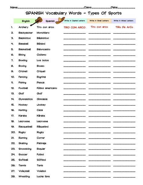 Spanish Types Of Sports Vocabulary Word List Column Worksheet Made By