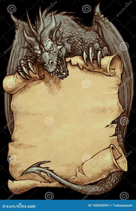 gray dragon holding  ancient scroll fantasy illustration stock