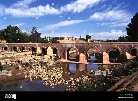 Morocco Middle Atlas Kasba Tadla Ten Span Bridge Over Wadi Oum Stock